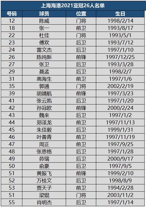 上海体育场上港队队员名单,上海体育场上港队队员名单公布