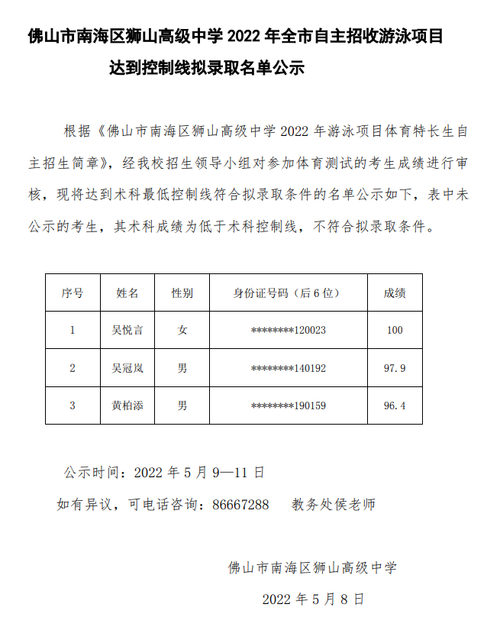 南海区狮山中考体育生名单,南海区狮山高级中学录取分数线